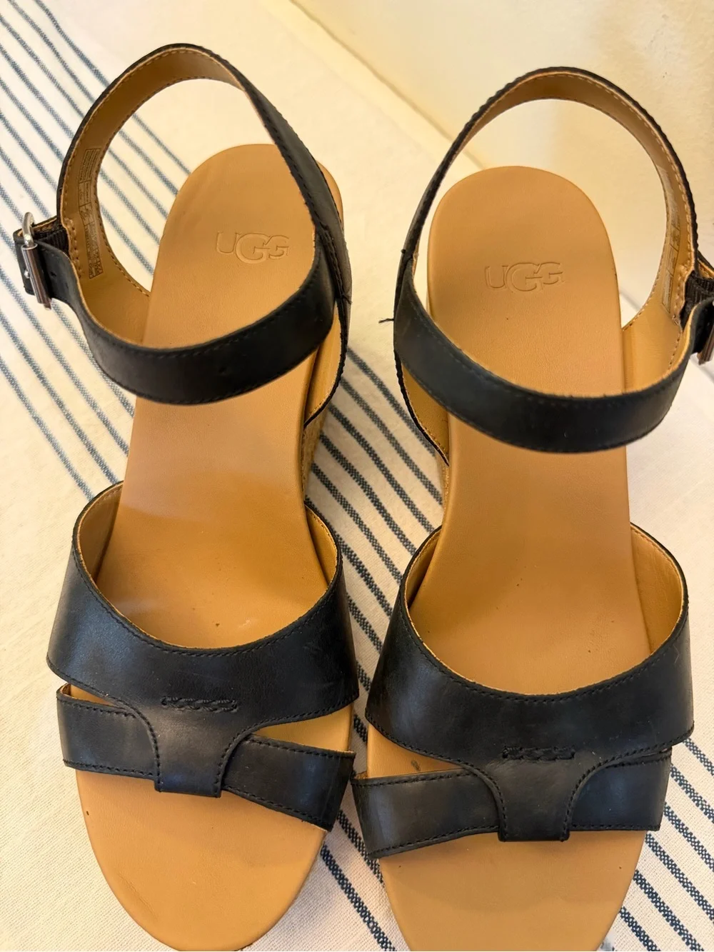 UGG Women’s 7.5 Black Leather Espadrille Cork Wedge Sandals